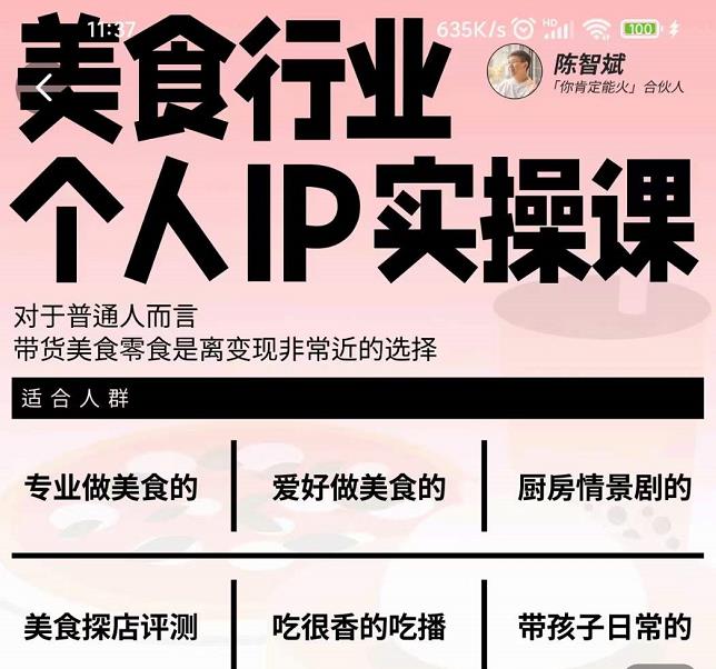 美食行业个人IP实操课，对于普通人而言，带货美食零食是离变现非常近的选择_网络创业-网赚项目-副业赚钱-信息差项目-互联网创业-资源整合-创业资讯-最新网赚课程金铲子项目