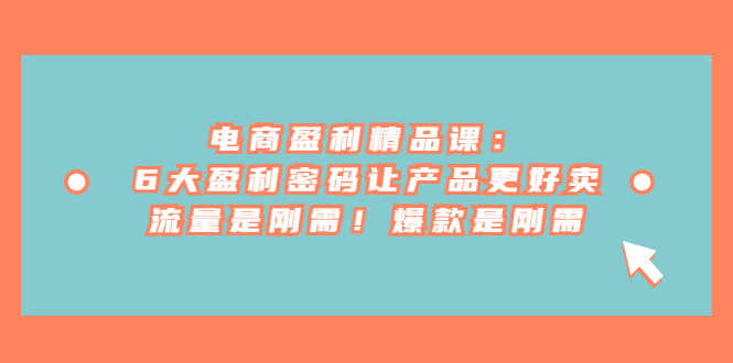 电商盈利精品课：6大盈利 密码让产品更好卖，流量是刚需！爆款是刚需_网络创业-网赚项目-副业赚钱-信息差项目-互联网创业-资源整合-创业资讯-最新网赚课程金铲子项目