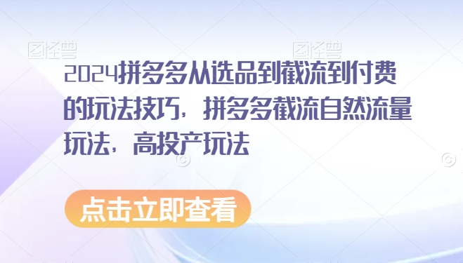 2024拼多多从选品到截流到付费的玩法技巧，拼多多截流自然流量玩法，高投产玩法_网络创业-网赚项目-副业赚钱-信息差项目-互联网创业-资源整合-创业资讯-最新网赚课程金铲子项目