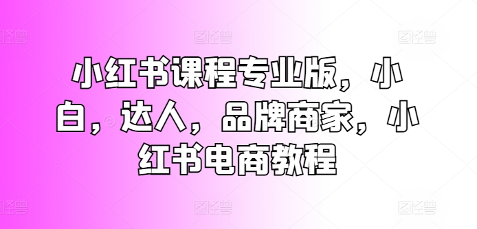 小红书课程专业版，小白，达人，品牌商家，小红书电商教程_网络创业-网赚项目-副业赚钱-信息差项目-互联网创业-资源整合-创业资讯-最新网赚课程金铲子项目