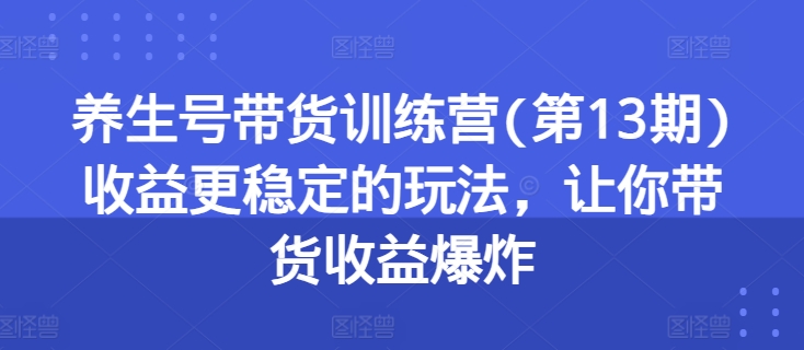 养生号带货训练营(第13期)收益更稳定的玩法，让你带货收益爆炸_网络创业-网赚项目-副业赚钱-信息差项目-互联网创业-资源整合-创业资讯-最新网赚课程金铲子项目
