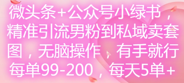 微头条+公众号小绿书，精准引流男粉到私域卖套图，无脑操作，有手就行，每单99-200，每天5单_网络创业-网赚项目-副业赚钱-信息差项目-互联网创业-资源整合-创业资讯-最新网赚课程金铲子项目
