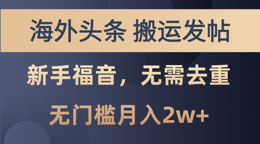 （10861期）海外头条搬运发帖，新手福音，甚至无需去重，无门槛月入2w+_网络创业-网赚项目-副业赚钱-信息差项目-互联网创业-资源整合-创业资讯-最新网赚课程金铲子项目