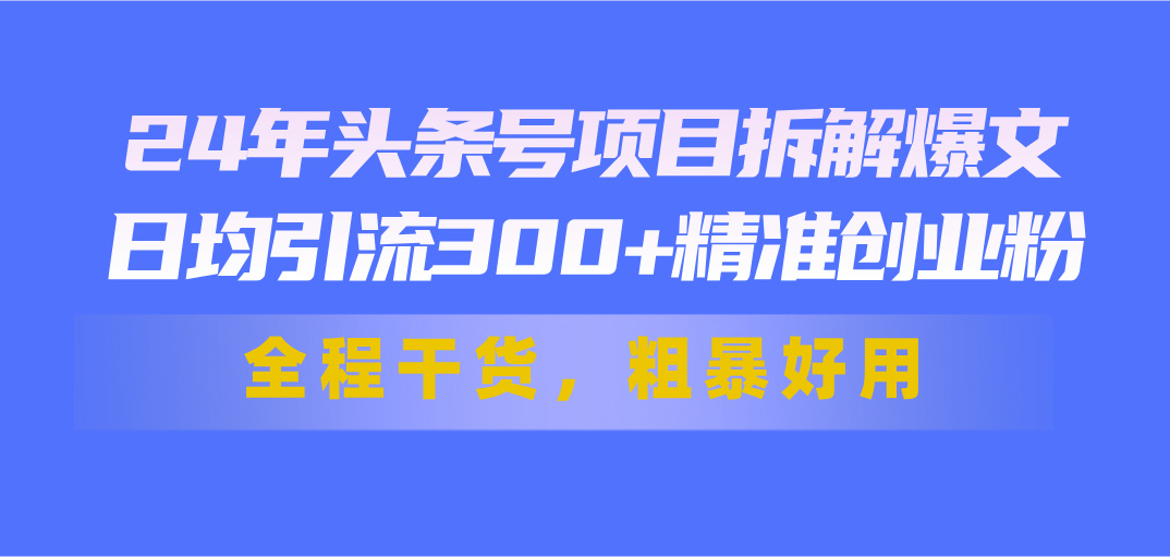 （11397期）24年头条号项目拆解爆文，日均引流300+精准创业粉，全程干货，粗暴好用_网络创业-网赚项目-副业赚钱-信息差项目-互联网创业-资源整合-创业资讯-最新网赚课程金铲子项目