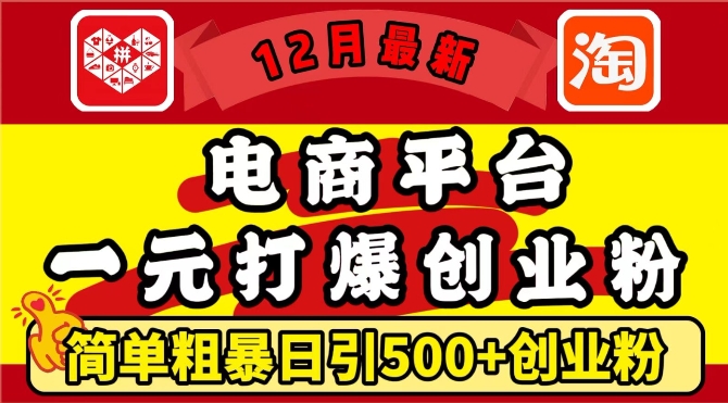 12月最新：电商平台1元打爆创业粉，简单粗暴日引500+精准创业粉，轻松月入过W_网络创业-网赚项目-副业赚钱-信息差项目-互联网创业-资源整合-创业资讯-最新网赚课程金铲子项目