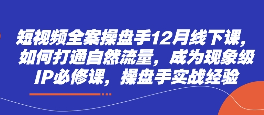 短视频全案操盘手12月线下课，如何打通自然流量，成为现象级IP必修课，操盘手实战经验_网络创业-网赚项目-副业赚钱-信息差项目-互联网创业-资源整合-创业资讯-最新网赚课程金铲子项目