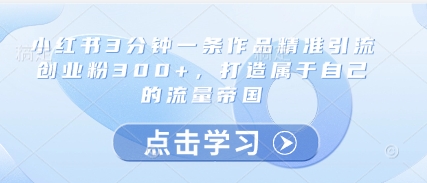 小红书3分钟一条作品精准引流创业粉300+，打造属于自己的流量帝国_网络创业-网赚项目-副业赚钱-信息差项目-互联网创业-资源整合-创业资讯-最新网赚课程金铲子项目