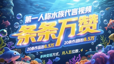第一人称水族代言视频，条条万赞，20条作品涨粉7.8W，多种变现方式月入五位数_网络创业-网赚项目-副业赚钱-信息差项目-互联网创业-资源整合-创业资讯-最新网赚课程金铲子项目
