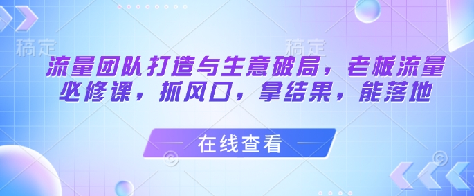 流量团队打造与生意破局，老板流量必修课，抓风口，拿结果，能落地_网络创业-网赚项目-副业赚钱-信息差项目-互联网创业-资源整合-创业资讯-最新网赚课程金铲子项目