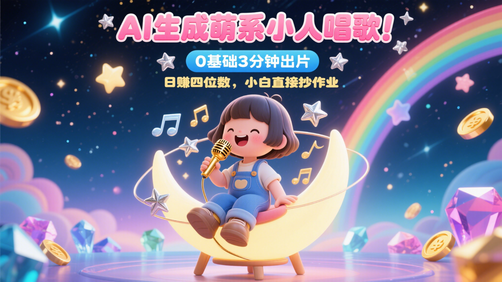 AI生成萌系小人唱歌0基础3分钟出片，28个作品涨粉9万，四位数，小白直接抄作业_免费分享网络创业,副业,信息差项目的老牌资源整合平台！金铲子项目