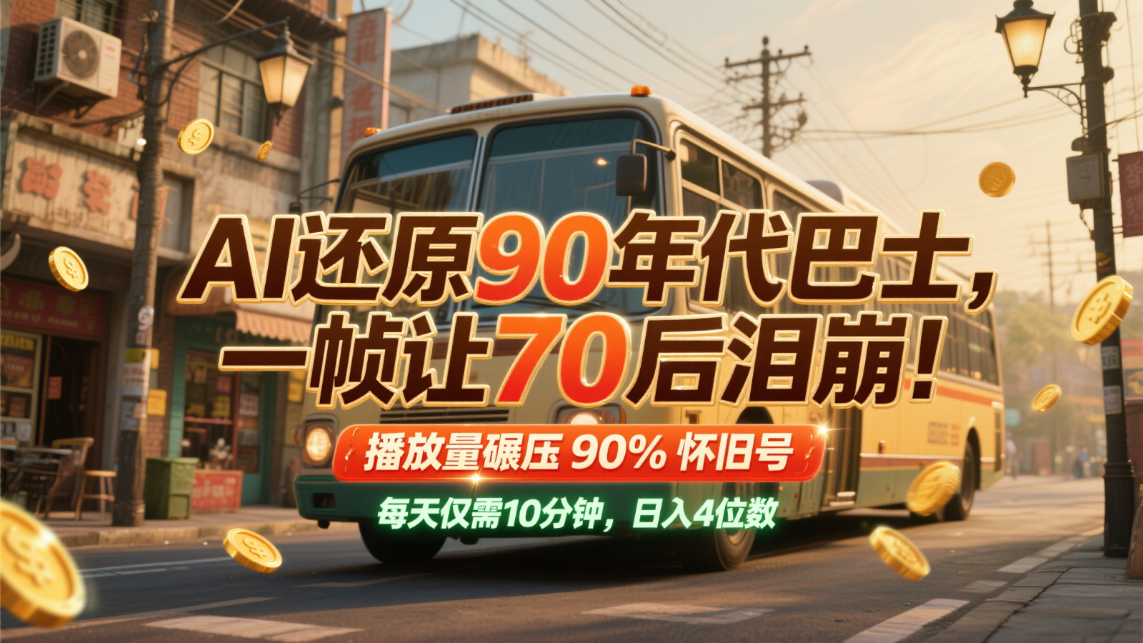AI还原90年代巴士，一帧让70后泪崩播放量碾压90%怀旧号，分钟，4位数_免费分享网络创业,副业,信息差项目的老牌资源整合平台！金铲子项目