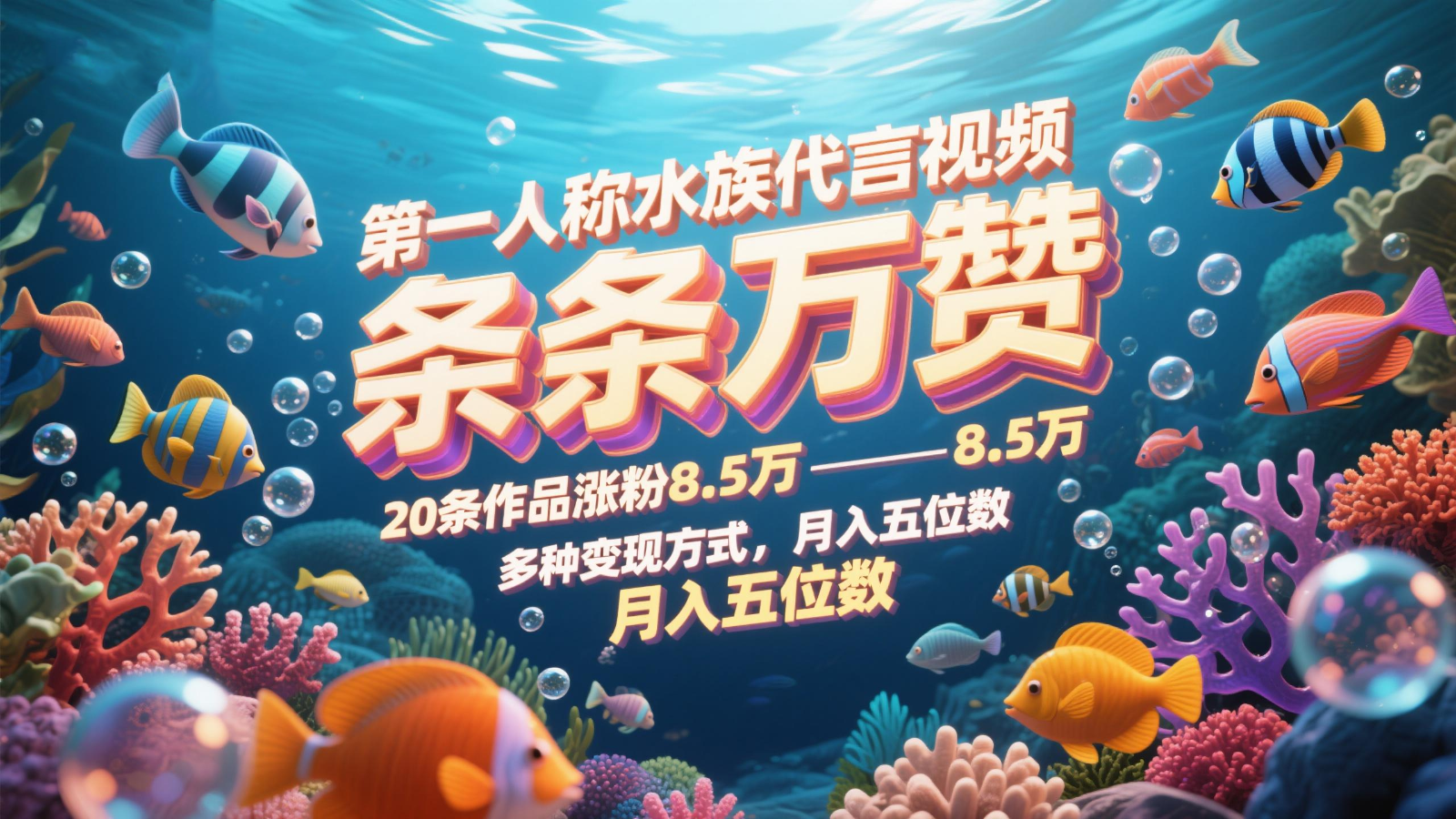 第一人称水族代言视频，条条万赞，20条作品涨粉8.5万，多种方式月，入五位数_免费分享网络创业,副业,信息差项目的老牌资源整合平台！金铲子项目
