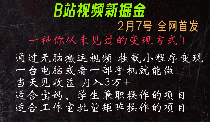 通过搬运视频发到B站，挂载小程序进行_免费分享网络创业,副业,信息差项目的老牌资源整合平台！金铲子项目