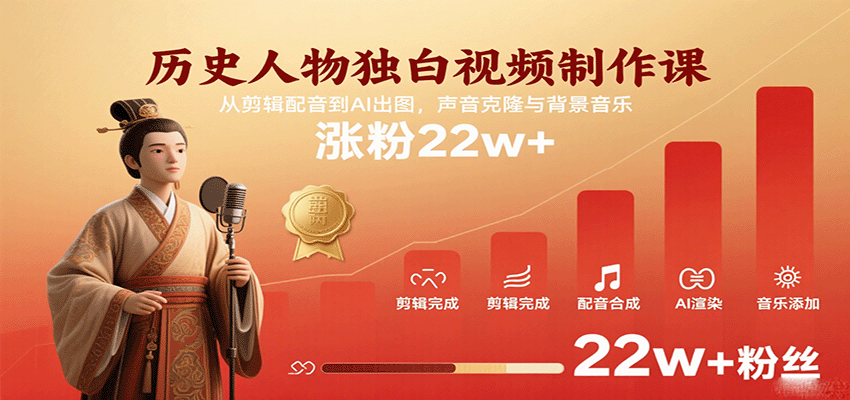 历史人物独白视频制作课，从剪辑配音到AI出图，声音克隆与背景音乐，涨粉2_免费分享网络创业,副业,信息差项目的老牌资源整合平台！金铲子项目