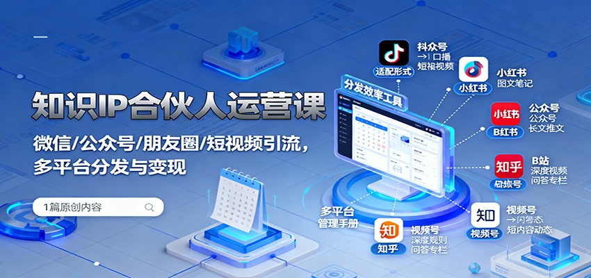 知识IP合伙人运营课：微信/公众号/朋友圈/短视频引流，多平台分发与_免费分享网络创业,副业,信息差项目的老牌资源整合平台！金铲子项目