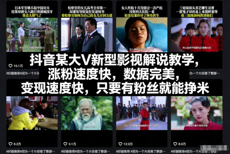 抖音某大V新型影视解说教学，涨粉速度快，数据完美，速度快，只要有粉丝就能挣米_免费分享网络创业,副业,信息差项目的老牌资源整合平台！金铲子项目