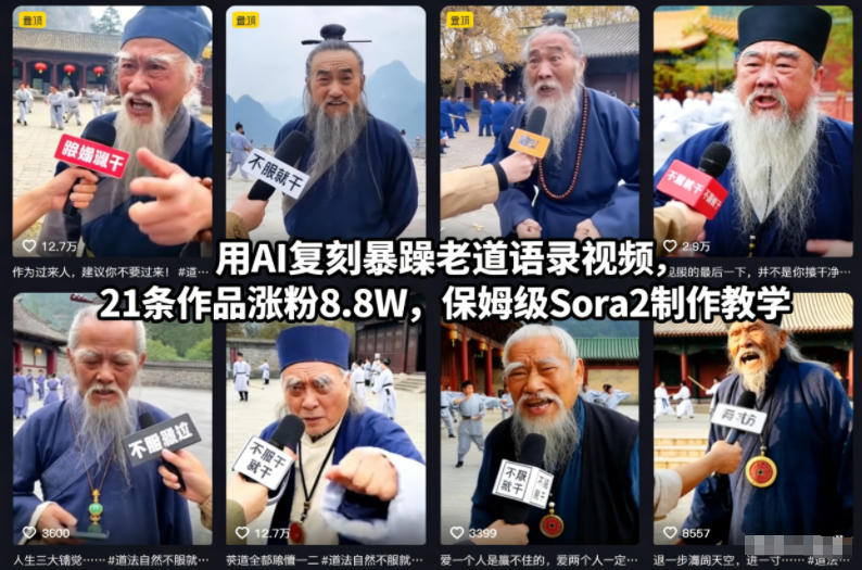 用AI复刻暴躁老道语录视频，21条作品涨粉8.8W，保姆级Sora2制作教学_免费分享网络创业,副业,信息差项目的老牌资源整合平台！金铲子项目