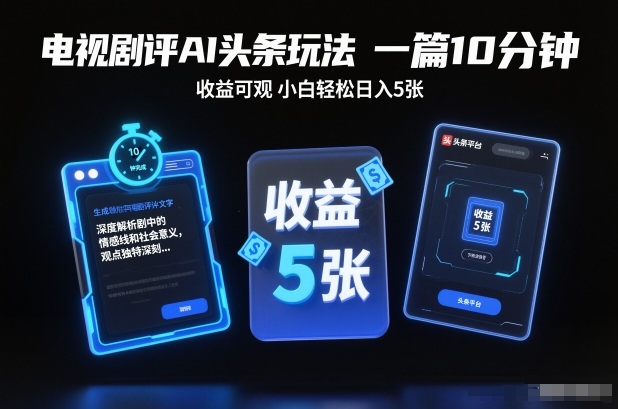 电视剧评AI头条玩法，一篇10分钟，收益可观，小白轻松日入5张+【独家】_免费分享网络创业,副业,信息差项目的老牌资源整合平台！金铲子项目