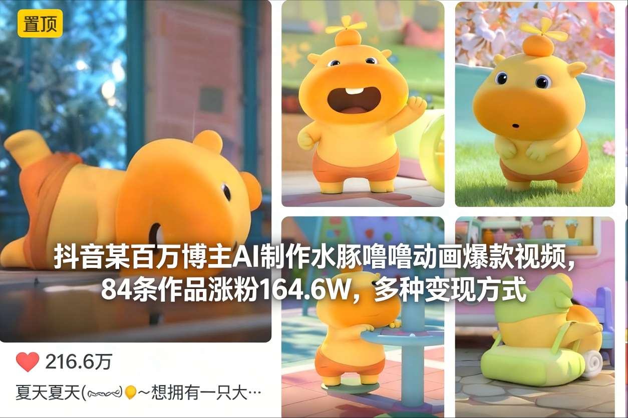 抖音某百万博主AI制作水豚噜噜动画爆款视频，84条作品涨粉164.，多种方式_免费分享网络创业,副业,信息差项目的老牌资源整合平台！金铲子项目