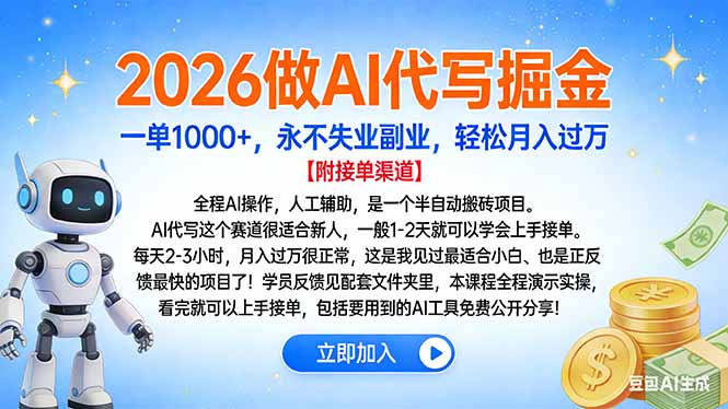 （16924期）2026做AI代写掘金，一单1000+，永不失业副业，轻松月入过万_免费分享网络创业,副业,信息差项目的老牌资源整合平台！金铲子项目