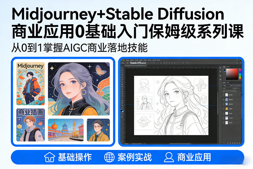 AIGC商业应用Midjourney+Stable Diffusion教程，0基础入门保姆级系列课_免费分享网络创业,副业,信息差项目的老牌资源整合平台！金铲子项目
