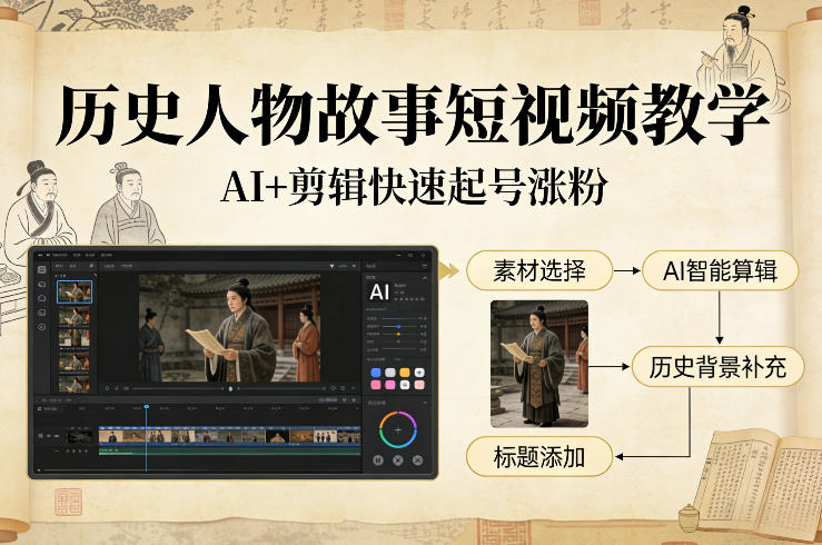 历史人物故事短视频教学，AI+剪辑制作历史人物题材短视频，快速起号涨粉_免费分享网络创业,副业,信息差项目的老牌资源整合平台！金铲子项目