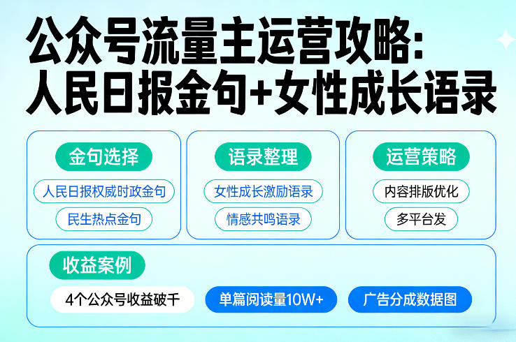 利用人民日报金句+女性成长语录做公众号流量主，4个公众号收益破千_免费分享网络创业,副业,信息差项目的老牌资源整合平台！金铲子项目