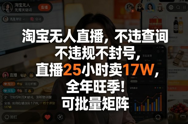 淘宝无人直播，不违规不封号，直播25小时卖17W，全年旺季！可批量矩阵_免费分享网络创业,副业,信息差项目的老牌资源整合平台！金铲子项目