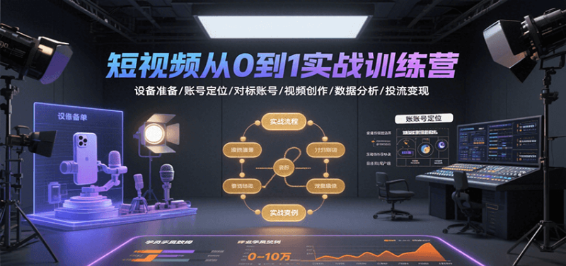 短视频从0到1实战训练营:设备准备/账号定位/对标账号/视频创作/数据分析/投流_免费分享网络创业,副业,信息差项目的老牌资源整合平台!金铲子项目