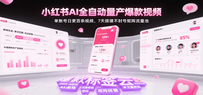 小红书AI全自动量产爆款视频,单账号日更百条视频,7天搭建不封号矩阵流量池_免费分享网络创业,副业,信息差项目的老牌资源整合平台!金铲子项目