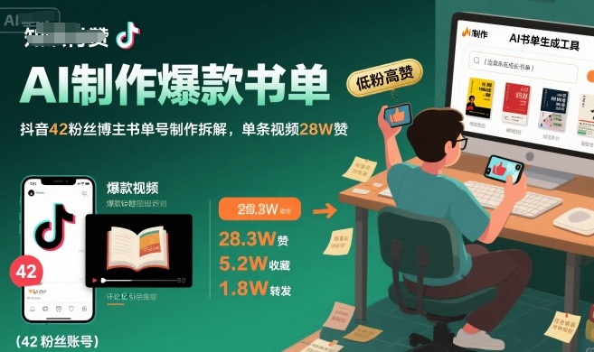 AI制作爆款书单,抖音42粉丝博主书单号制作拆解,单条视频2赞_免费分享网络创业,副业,信息差项目的老牌资源整合平台!金铲子项目