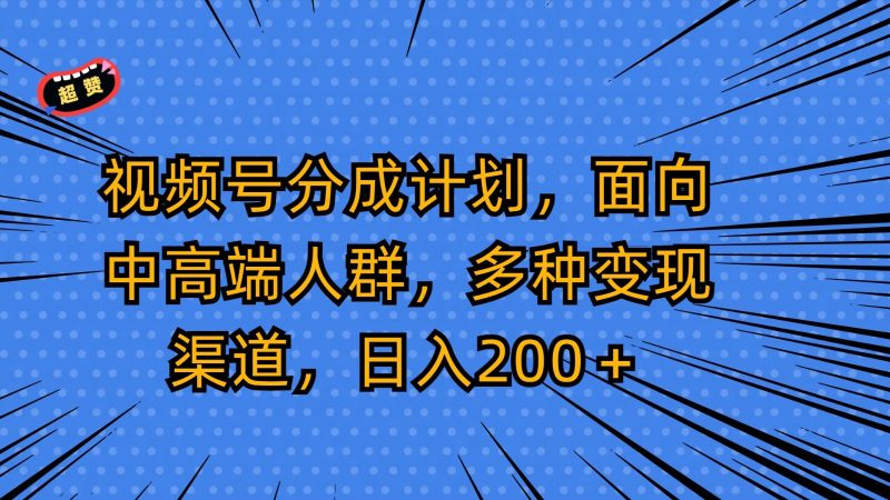 视频号分成计划，面向中高端人群，多种渠道，_免费分享网络创业,副业,信息差项目的老牌资源整合平台！金铲子项目