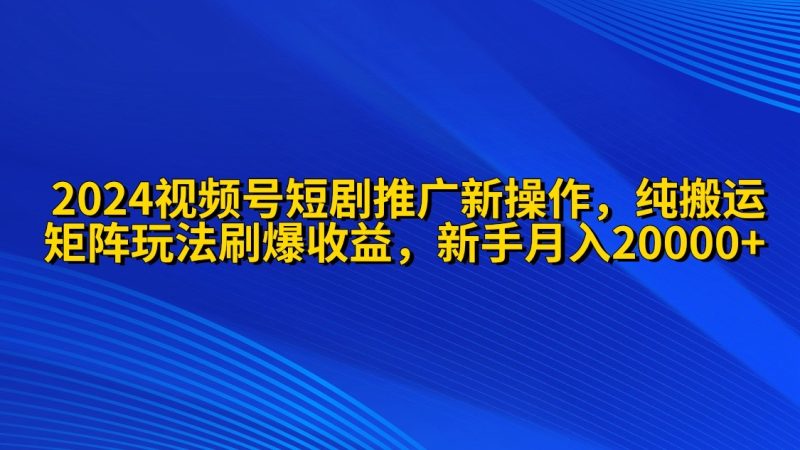 (9916期)2024视频号短剧推广新操作纯搬运矩阵连爆打法刷爆流量分成小白0_免费分享网络创业,副业,信息差项目的老牌资源整合平台!金铲子项目