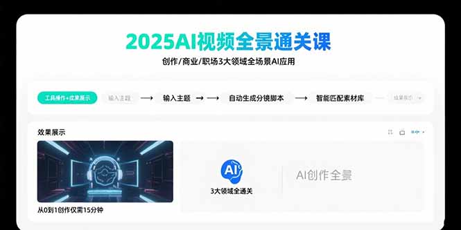 (15762期)2025AI视频全景通关课:涵盖创作/商业/职场3大领域掌握AI全场景应用_免费分享网络创业,副业,信息差项目的老牌资源整合平台!金铲子项目