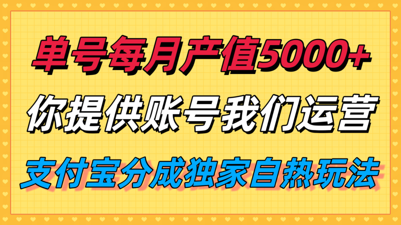 单值5000,支付宝分成代运营,你提供账号坐等分钱,我们帮你运营_免费分享网络创业,副业,信息差项目的老牌资源整合平台!金铲子项目
