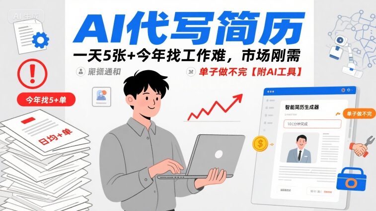 AI代写简历,一天5张今年找工作难,市场刚需,单子做不完【附AI工具】_免费分享网络创业,副业,信息差项目的老牌资源整合平台!金铲子项目