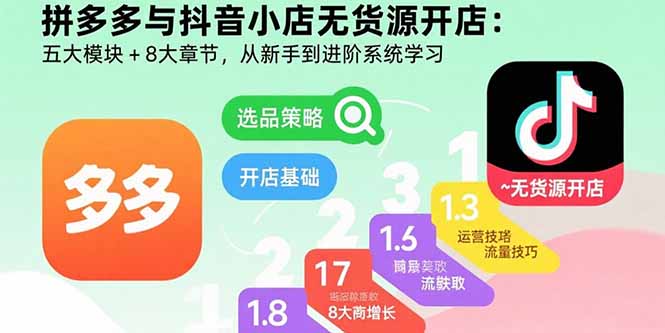 (15805期)拼多多与抖音小店无货源开店:五大模块8大章节,从新手到进阶系统学习_免费分享网络创业,副业,信息差项目的老牌资源整合平台!金铲子项目