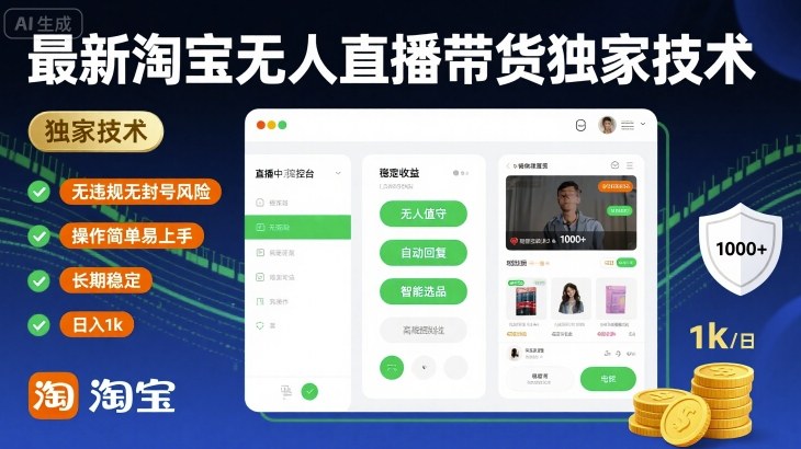 最新淘宝无人直播带货独家技术，无违规无封号风险，操作简单易上手，长期稳定_免费分享网络创业,副业,信息差项目的老牌资源整合平台！金铲子项目