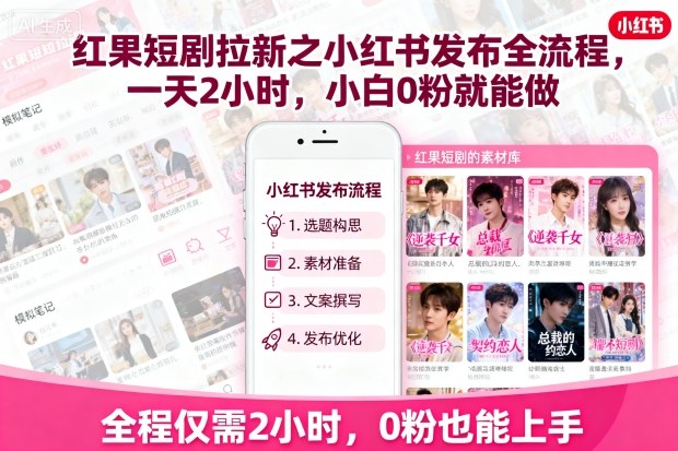 红果短剧拉新之小红书发布全流程,一天2小时,小白0粉就能做_免费分享网络创业,副业,信息差项目的老牌资源整合平台!金铲子项目