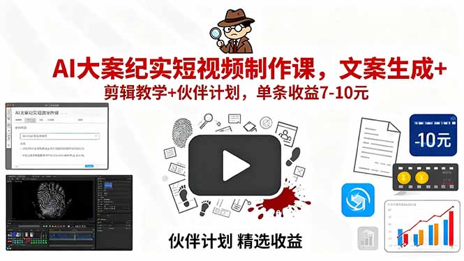 （15992期）AI大案纪实短视频制作课，文案生成剪辑教学伙伴计划，单条7-10元_免费分享网络创业,副业,信息差项目的老牌资源整合平台！金铲子项目