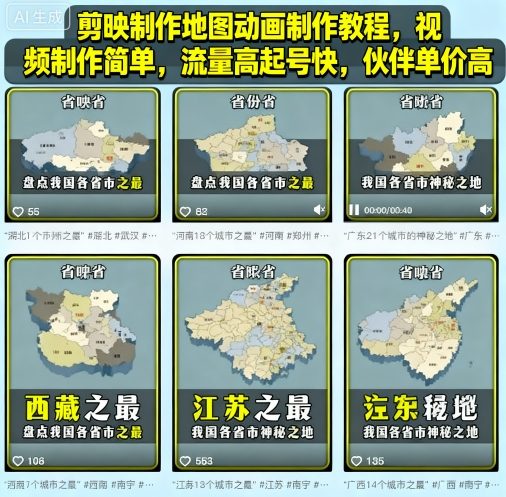 剪映制作地图动画制作教程,视频制作简单,流量高起号快,伙伴单价高_免费分享网络创业,副业,信息差项目的老牌资源整合平台!金铲子项目