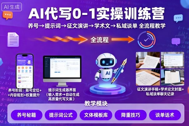 AI代写0-1实操训练营,从养号、提示词、征文演讲、学术文,到私域谈单的全流程教学_免费分享网络创业,副业,信息差项目的老牌资源整合平台!金铲子项目