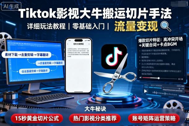 Tiktok影视大牛搬运切片手法,详细玩法教程_免费分享网络创业,副业,信息差项目的老牌资源整合平台!金铲子项目