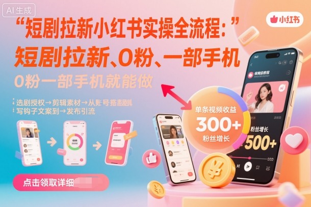 短剧拉新小红书实操全流程,0粉一部手机就可以做,详细教程_免费分享网络创业,副业,信息差项目的老牌资源整合平台!金铲子项目