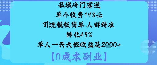 私域冷门赛道:单个收费198米引流模板简单人群精准转化45%单人一天大概是_免费分享网络创业,副业,信息差项目的老牌资源整合平台！金铲子项目