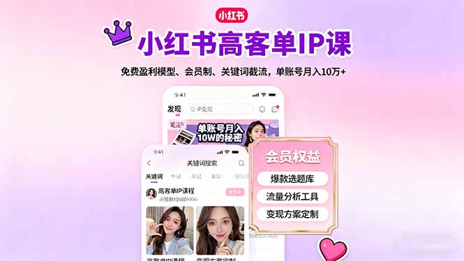 (16295期)小红书高客单IP课,免费盈利模型、会员制、关键词截流,单账号10万_免费分享网络创业,副业,信息差项目的老牌资源整合平台!金铲子项目