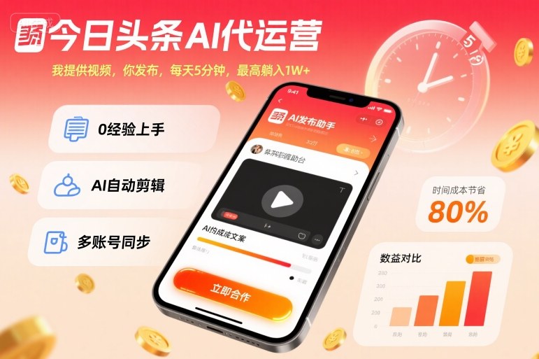 今日头条AI代运营,我提供视频,你发布,每天5分钟,最高躺入_免费分享网络创业,副业,信息差项目的老牌资源整合平台!金铲子项目