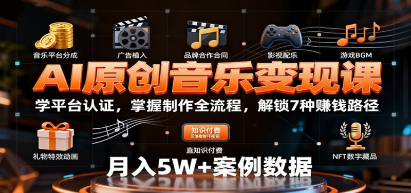 AI原创音乐课:学平台认证,掌握制作全流程,解锁7种赚钱路径_免费分享网络创业,副业,信息差项目的老牌资源整合平台!金铲子项目