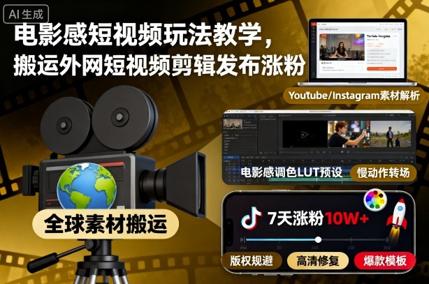 电影感短视频玩法教学,搬运外网短视频剪辑发布涨粉_免费分享网络创业,副业,信息差项目的老牌资源整合平台!金铲子项目