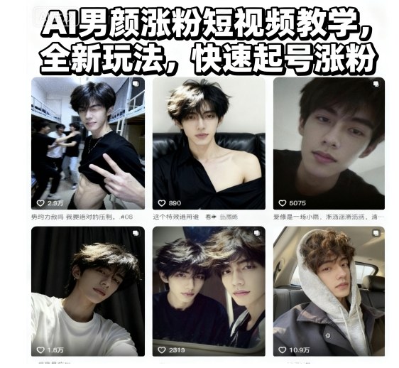 AI男颜涨粉短视频教学,全新玩法,快速起号涨粉_免费分享网络创业,副业,信息差项目的老牌资源整合平台!金铲子项目